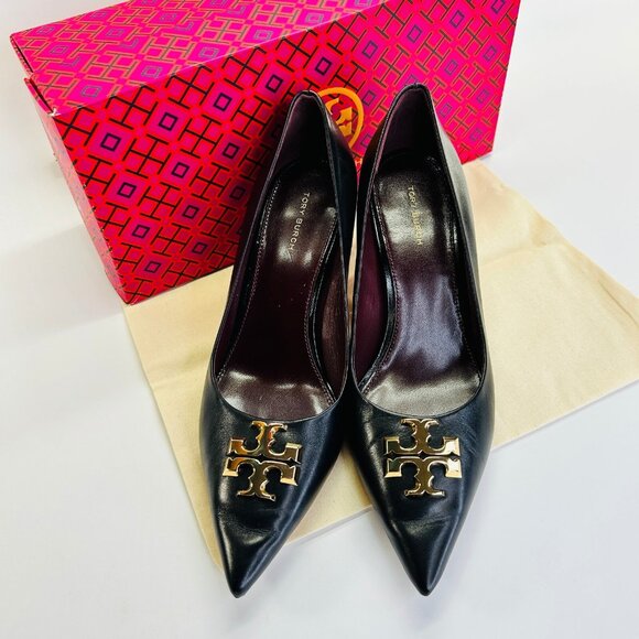 Tory Burch Eleanor Pointed Toe Leather Pump Size 8 Black Kitten Heel Classic - Picture 3 of 16